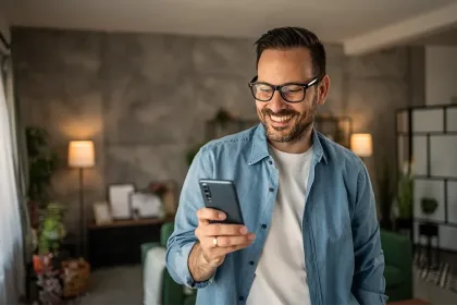 A man smiling and looking at his mobile phone.