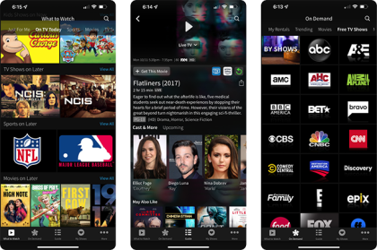 Screenshots of the Breezeline Stream TV app, showing suggestions, a movie detail screen, and an On Demand channel lineup.