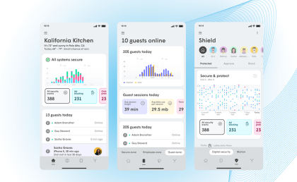 Three product screenshots that display a business’s Breezeline WiFi Your Way For Business account across business, employee and customer neworks.