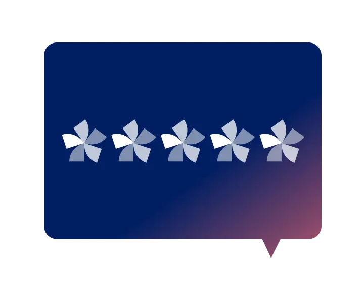 Five stylized white and grey pinwheel-like stars centered in a blue and purple gradient speech bubble on a white background.