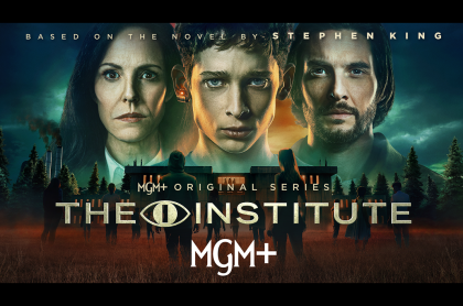 Poster for The Institute, based on a Stephen King novel, showing three lead faces over a mysterious facility at night.