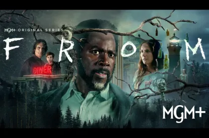 Poster for MGM+ series From featuring Harold Perrineau surrounded by spooky woods, a diner, and a lighthouse.