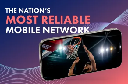 A smartphone playing a basketball game with text: The Nation’s Most Reliable Mobile Network.