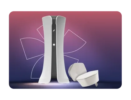 Modern white Internet gateway tower standing next to two small hexagonal mesh Wi-Fi extenders on a purple background.