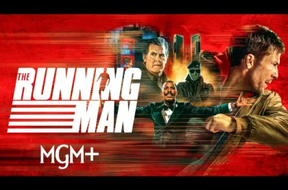 Action-heavy red poster for The Running Man featuring Glen Powell and Josh Brolin with a stylized, high-speed aesthetic.