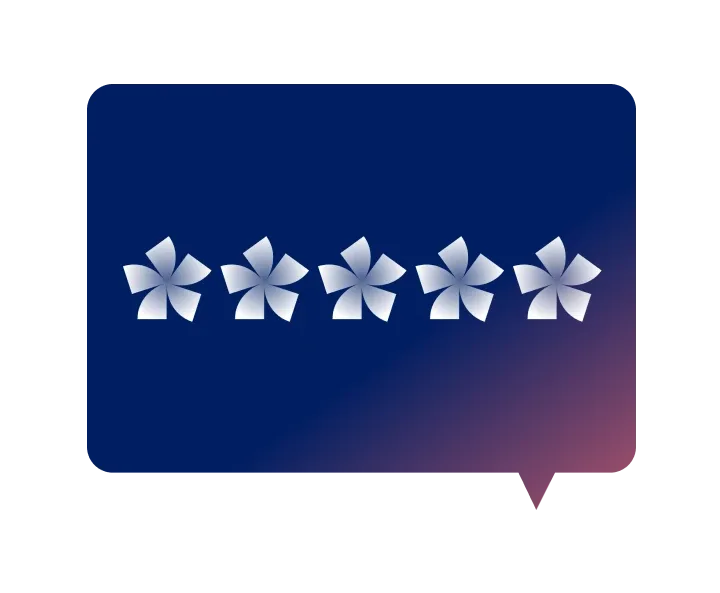 Five stylized white and grey pinwheel-like stars centered in a blue and purple gradient speech bubble on a white background.