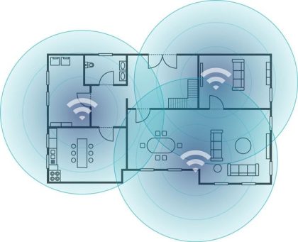 Circle shapes over a floorplan that shows a business’s WiFi reach and strength.